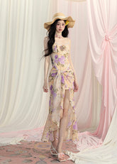 Painting lace floral slimming dress for women